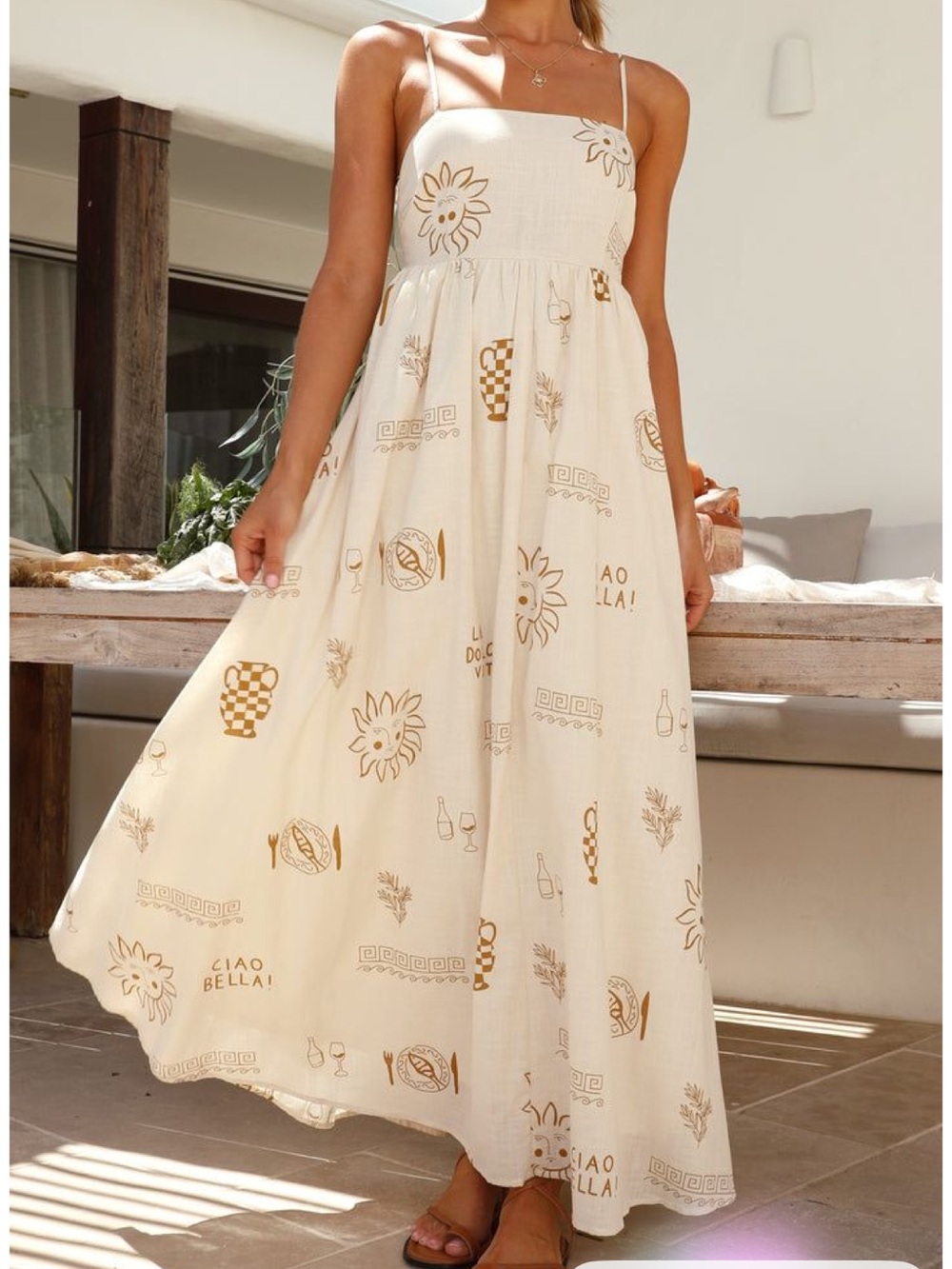 Cream Floral & Motif Spaghetti-Strap Maxi Dress